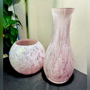 2VTG Art Glass Pieces Marbled Purple White To Clear Made In Poland- Vase/ Light